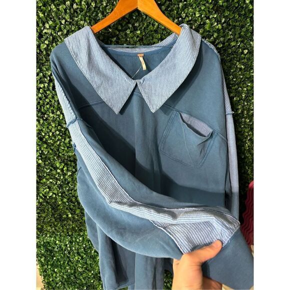 Free People Madeleine Sweatshirt Pullover Top Oversized Slouchy Cotton Large Blu - Picture 6 of 8
